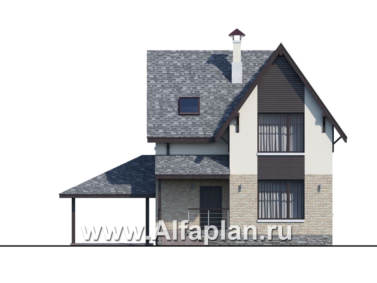 Проекты домов Альфаплан - «Оптима»- проект современного дома с мансардой, из кирпичей или газобетона, с гаражом-навесом - изображение фасада №1