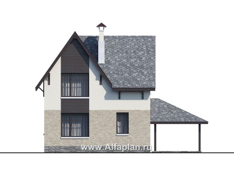 Проекты домов Альфаплан - «Оптима»- проект современного дома с мансардой, из кирпичей или газобетона, с гаражом-навесом - превью фасада №4