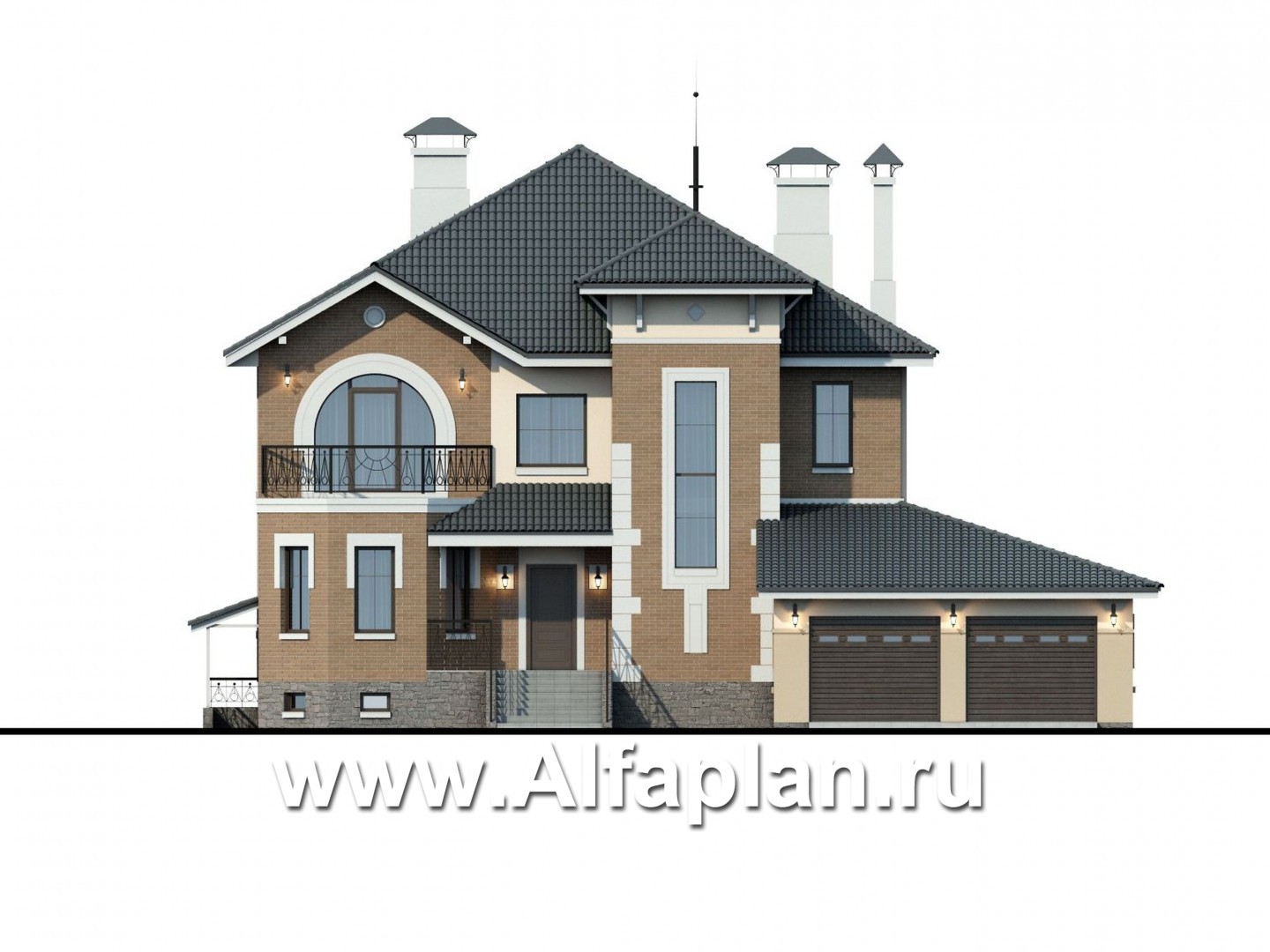 Проекты домов Альфаплан - «Феникс плюс» - коттедж с большим гаражом и цокольным этажом - изображение фасада №1