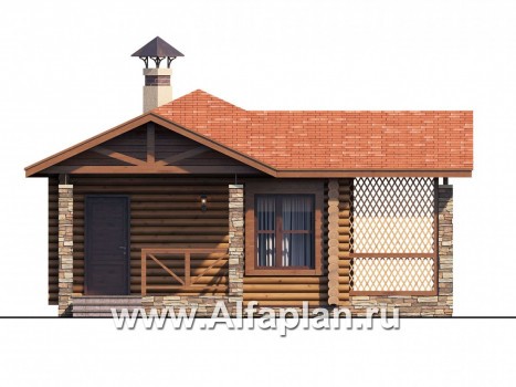 Проекты домов Альфаплан - Компактная, угловая деревянная баня с террасой - превью фасада №1