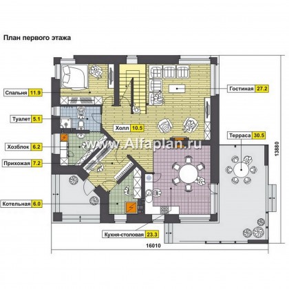 Проекты домов Альфаплан - Двухэтажный коттедж с угловым входом - превью плана проекта №1