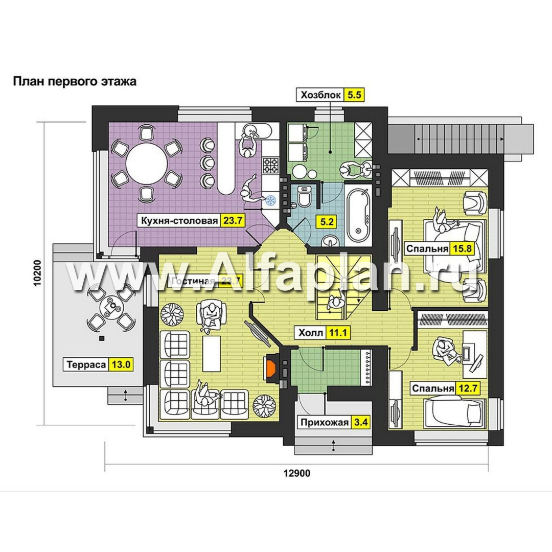 Проекты домов Альфаплан - Современный коттедж с угловым витражом - изображение плана проекта №1