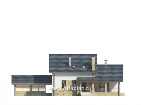 Проекты домов Альфаплан - Эффектный коттедж с навесом для двух машин - превью фасада №4