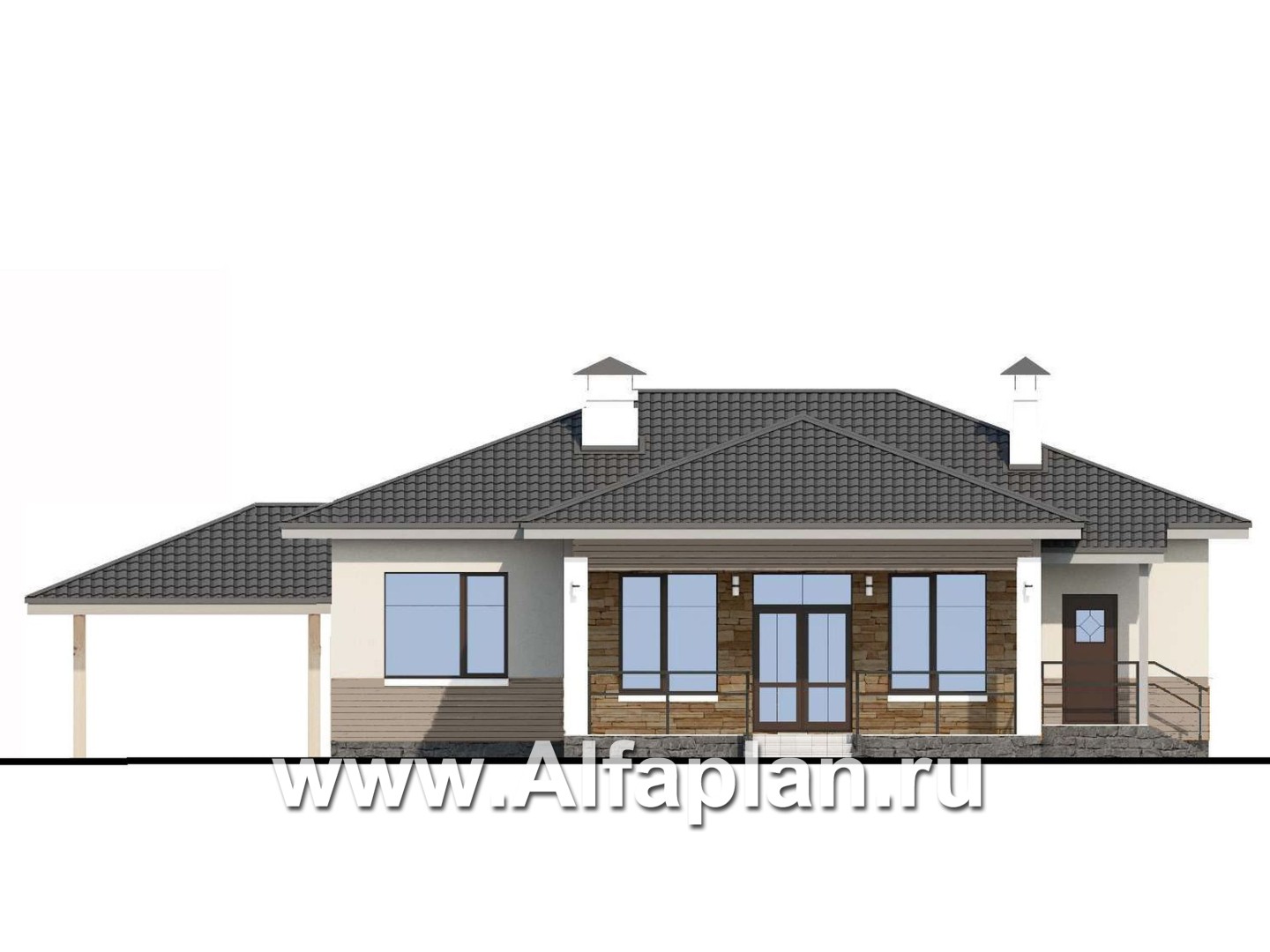 Проекты домов Альфаплан - «Витамин» - одноэтажный дом с террасой и навесом для машины - изображение фасада №4