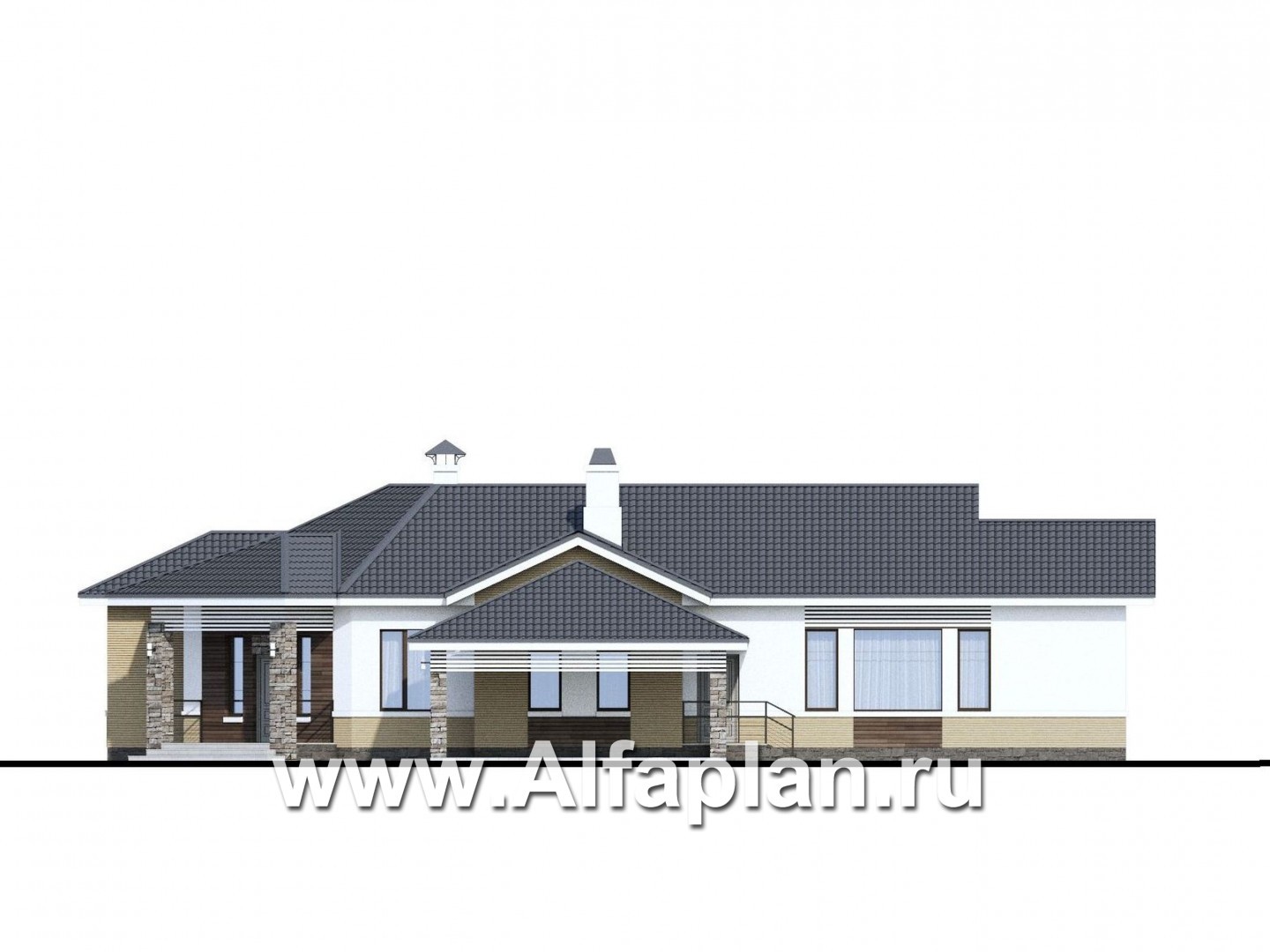 Проекты домов Альфаплан - «Альтер Эго» - эксклюзивный одноэтажный кирпичный дом - изображение фасада №1
