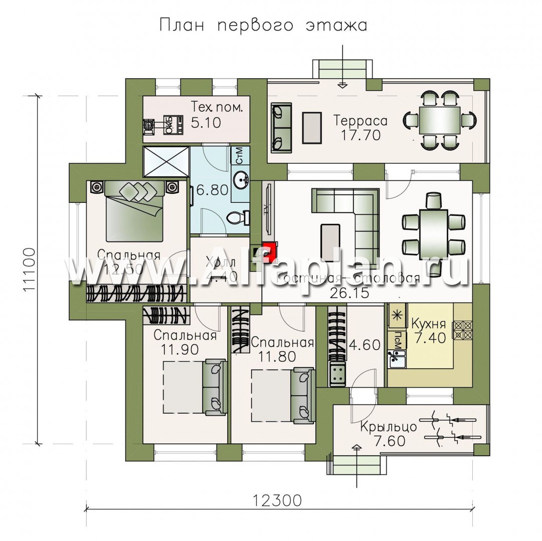 «Волхов» - проект дома 100 кв одноэтажный из кирпича -3 спальни, планировка дома с террасой - план дома
