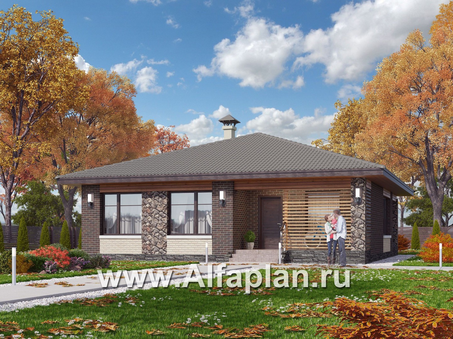 «Волхов» - проект дома 100 кв одноэтажный из кирпича -3 спальни, планировка дома с террасой - основное изображение