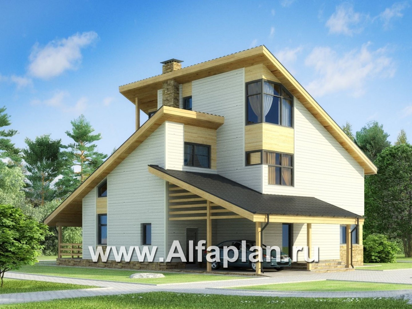 Проекты домов Альфаплан - Каркасный дом с террасой и навесом для машины - основное изображение