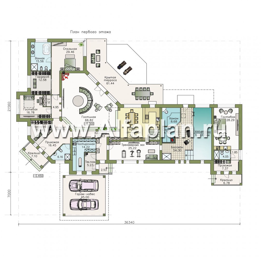 Проекты домов Альфаплан - «Модуль» — одноэтажный дом с бассейном и гостевой квартирой - план проекта №1