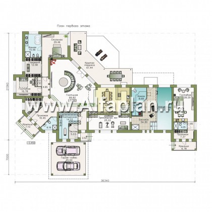 Проекты домов Альфаплан - «Модуль» — одноэтажный дом с бассейном и гостевой квартирой - превью плана проекта №1