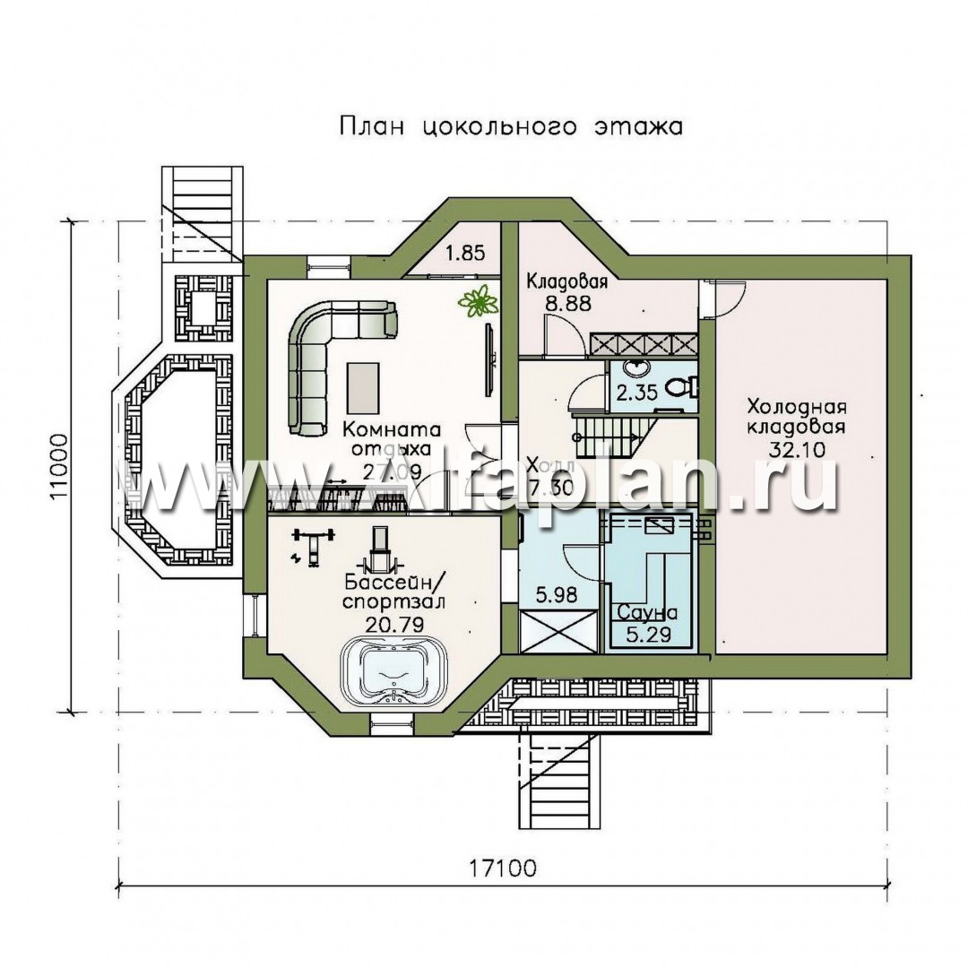 Проекты домов Альфаплан - «Регенсбург Плюс» - коттедж с цокольным этажом и верандой - изображение плана проекта №1