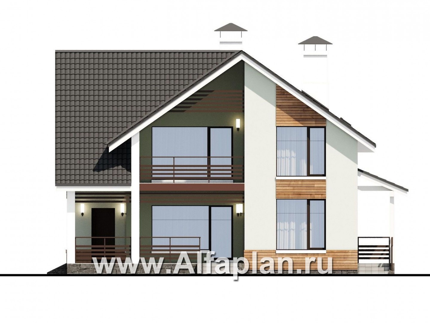 Проекты домов Альфаплан - Мансардный дом с угловым планом - изображение фасада №2