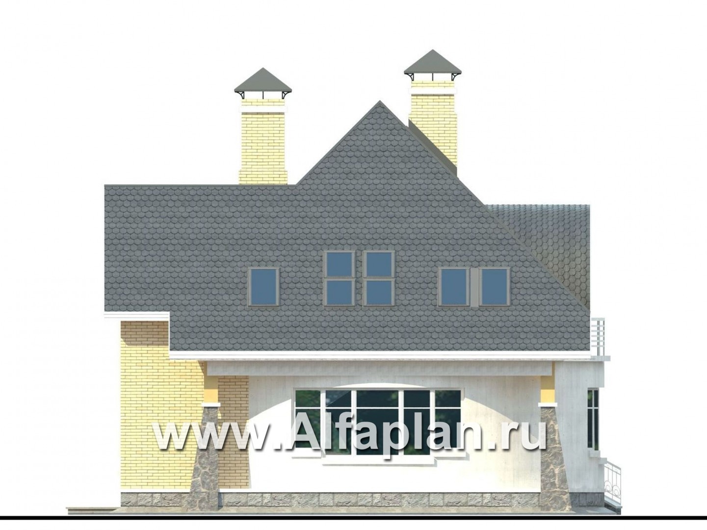 Проекты домов Альфаплан - «Свой остров» - коттедж с полукруглой гостиной и мансардными окнами - изображение фасада №3