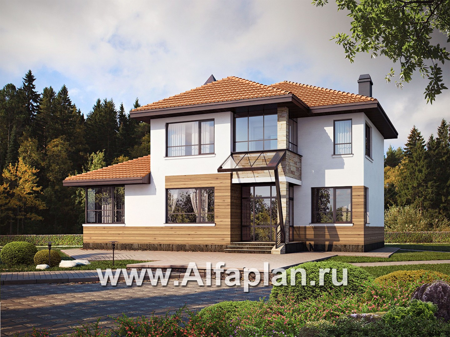 Проекты домов Альфаплан - «Драйв»- дом с высокой гостиной и  террасой - основное изображение