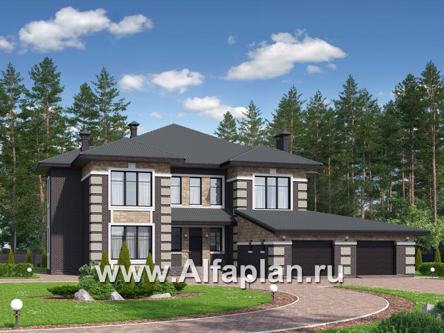 Проекты домов Альфаплан - «Двина» — элегантный особняк с гаражом на два автомобиля - основное изображение
