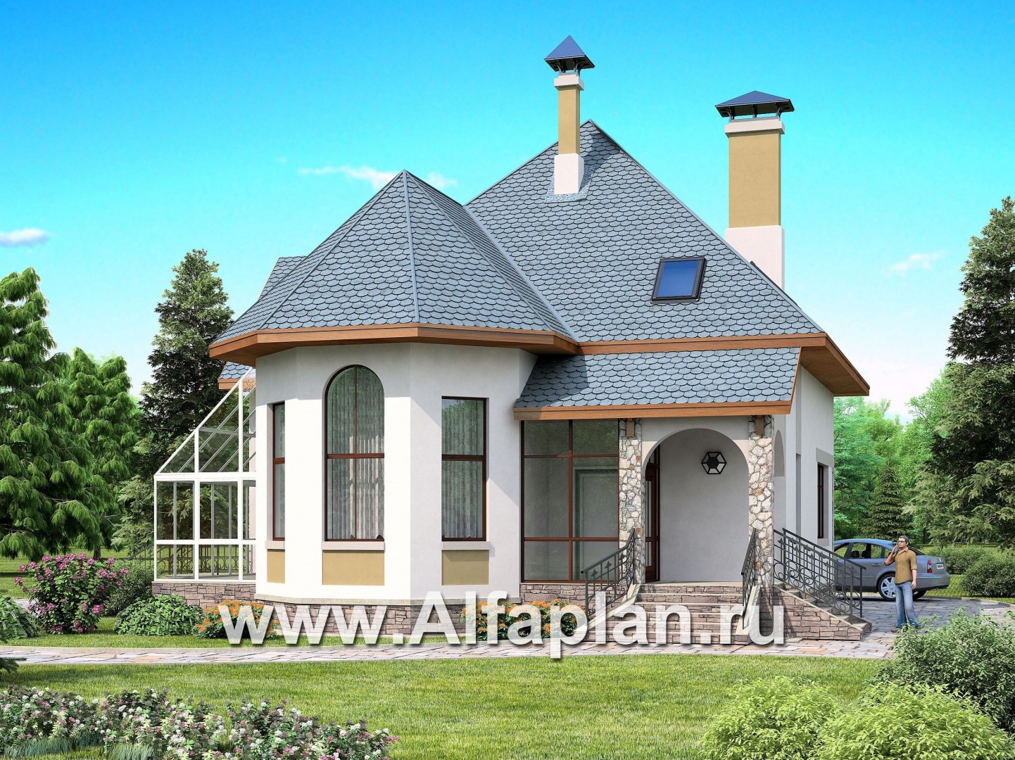 Проекты домов Альфаплан - Загородный дом с террасой-барбекю и зимним садом - основное изображение