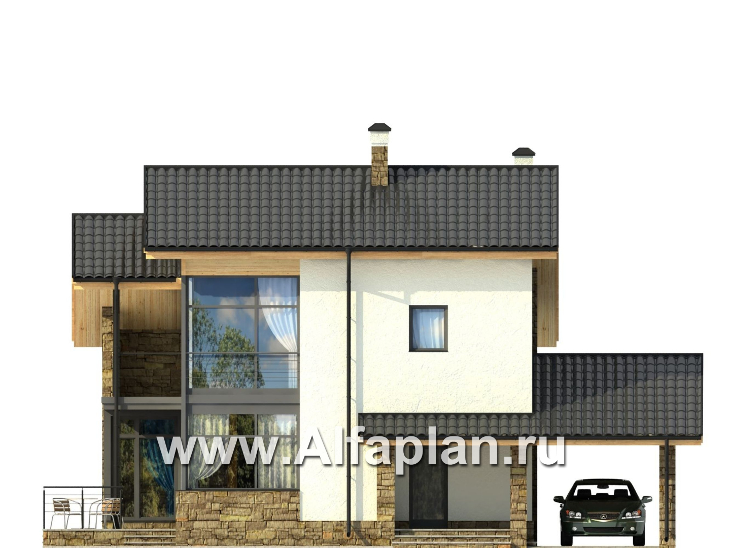 Проекты домов Альфаплан - Трехэтажный коттедж с угловым витражом - изображение фасада №1