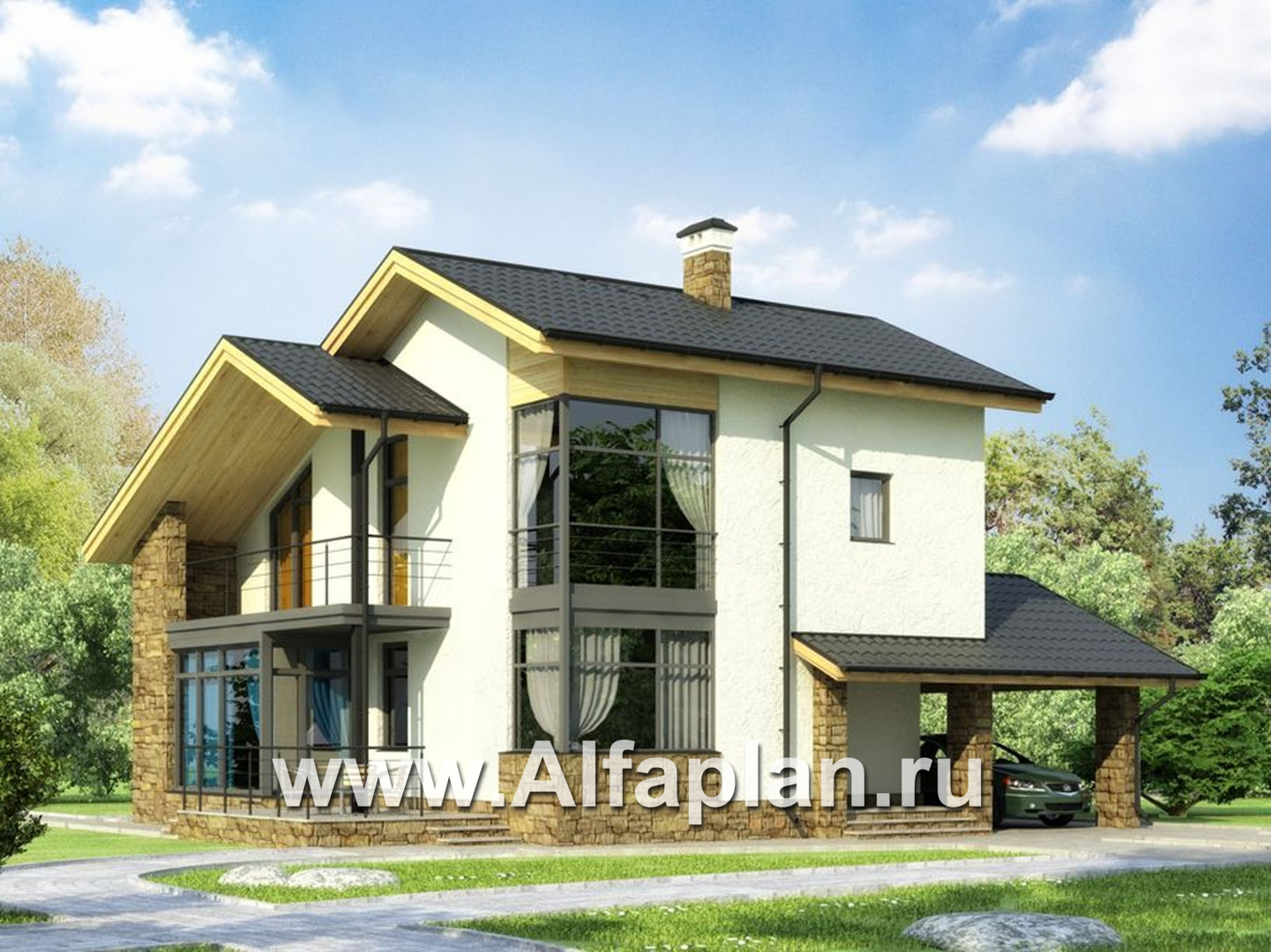 Проекты домов Альфаплан - Трехэтажный коттедж с угловым витражом - основное изображение