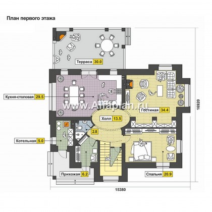 Проекты домов Альфаплан - Коттедж с овальным холлом и террасой-барбекю - превью плана проекта №1