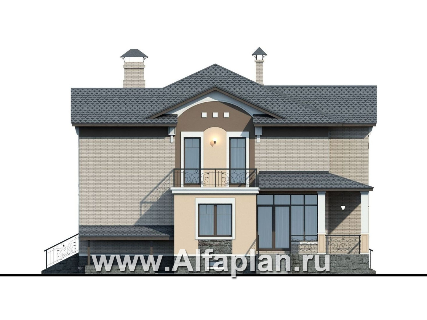 Проекты домов Альфаплан - «Голицын» - коттедж с двусветной гостиной и цоколем - изображение фасада №3