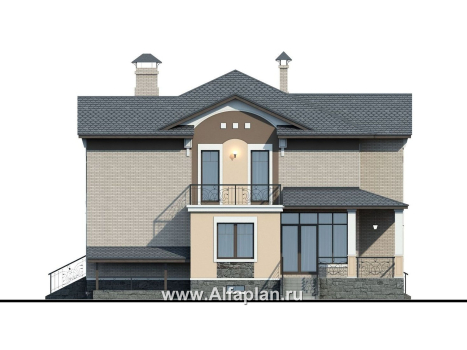 Проекты домов Альфаплан - «Голицын» - коттедж с двусветной гостиной и цоколем - превью фасада №3