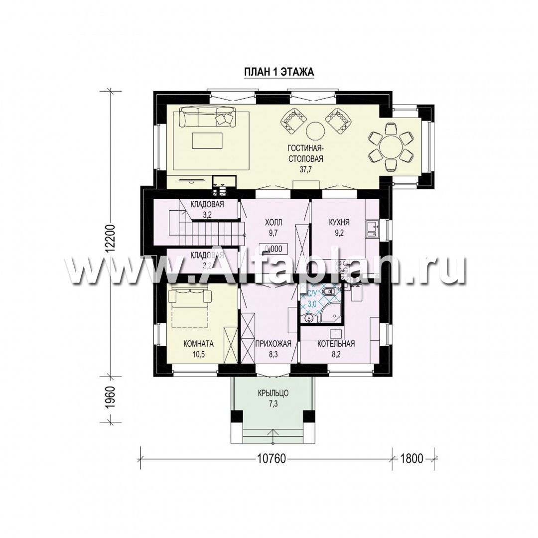 Проекты домов Альфаплан - Двухэтажный особняк с большой гостиной - план проекта №1
