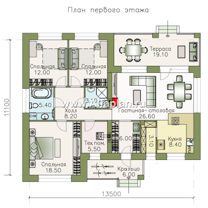 Проекты домов Альфаплан - «Вуокса» - проект одноэтажного дома из кирпича с комфортной планировкой - превью плана проекта №1