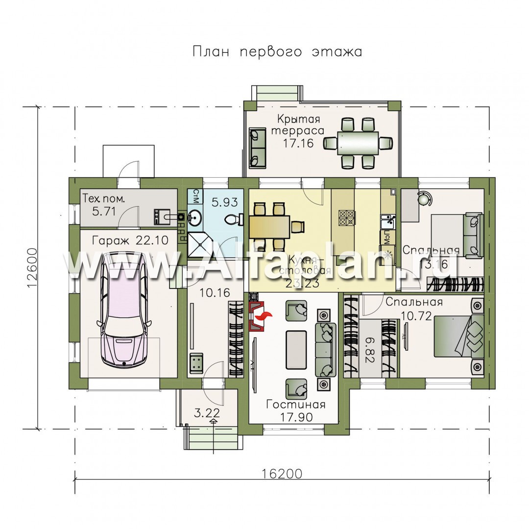 Проекты домов Альфаплан - Проект одноэтажного дома из кирпичей «Княженика», с гаражом - план проекта №1