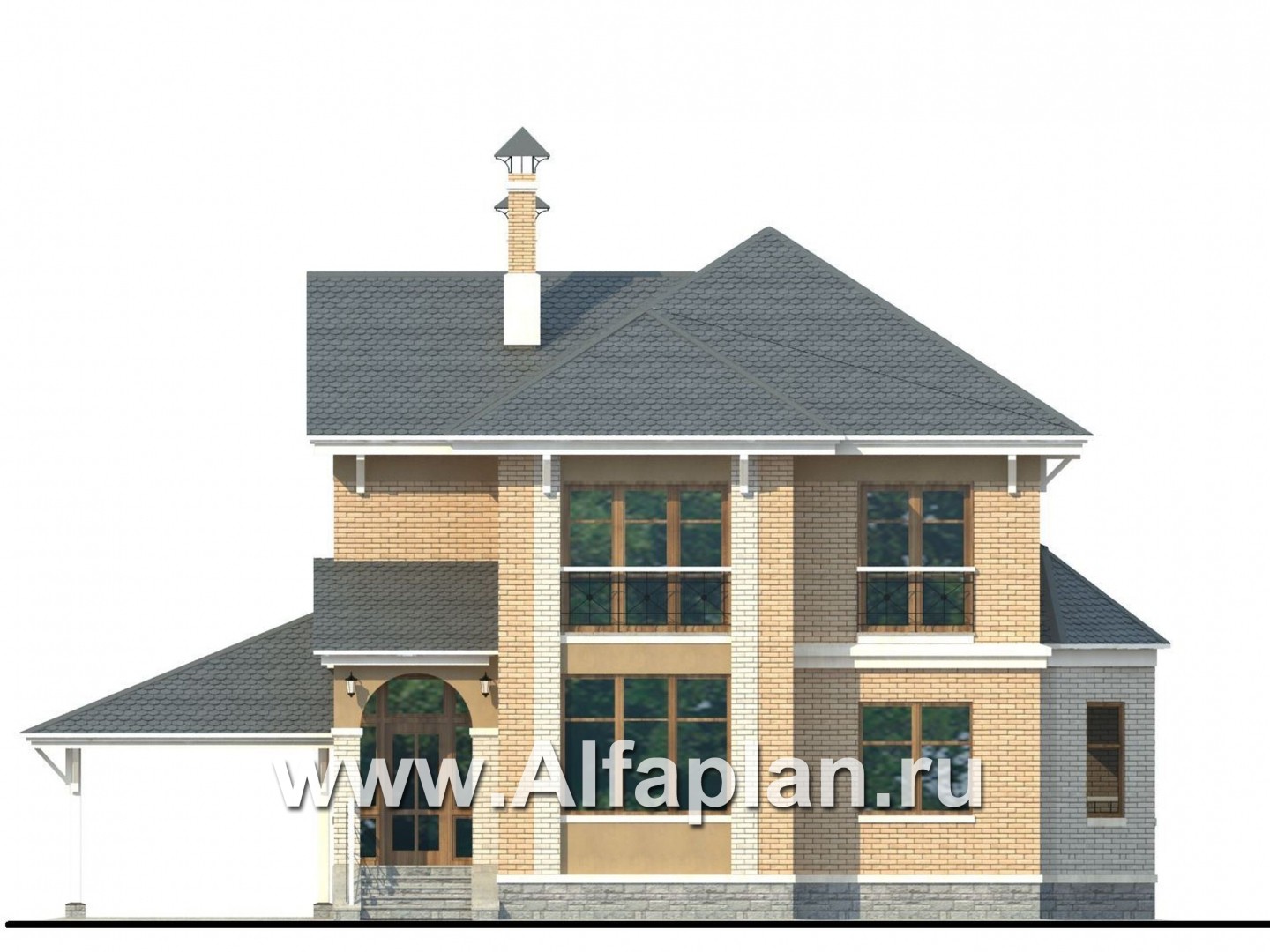 Проекты домов Альфаплан - «Гармония» - проект двухэтажного дома, с террасой. с навесом для авто - изображение фасада №1