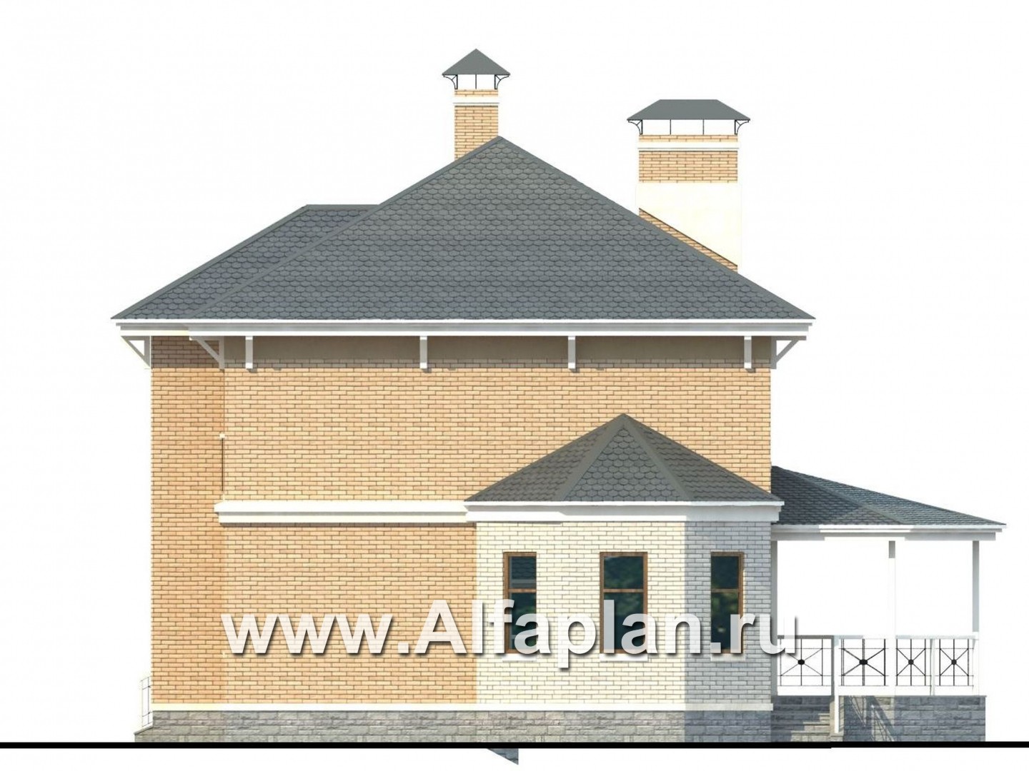 Проекты домов Альфаплан - «Гармония» - проект двухэтажного дома, с террасой. с навесом для авто - изображение фасада №2