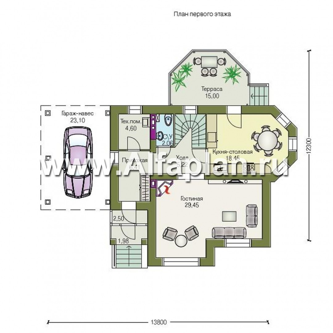 Проекты домов Альфаплан - «Гармония» - проект двухэтажного дома, с террасой. с навесом для авто - изображение плана проекта №1