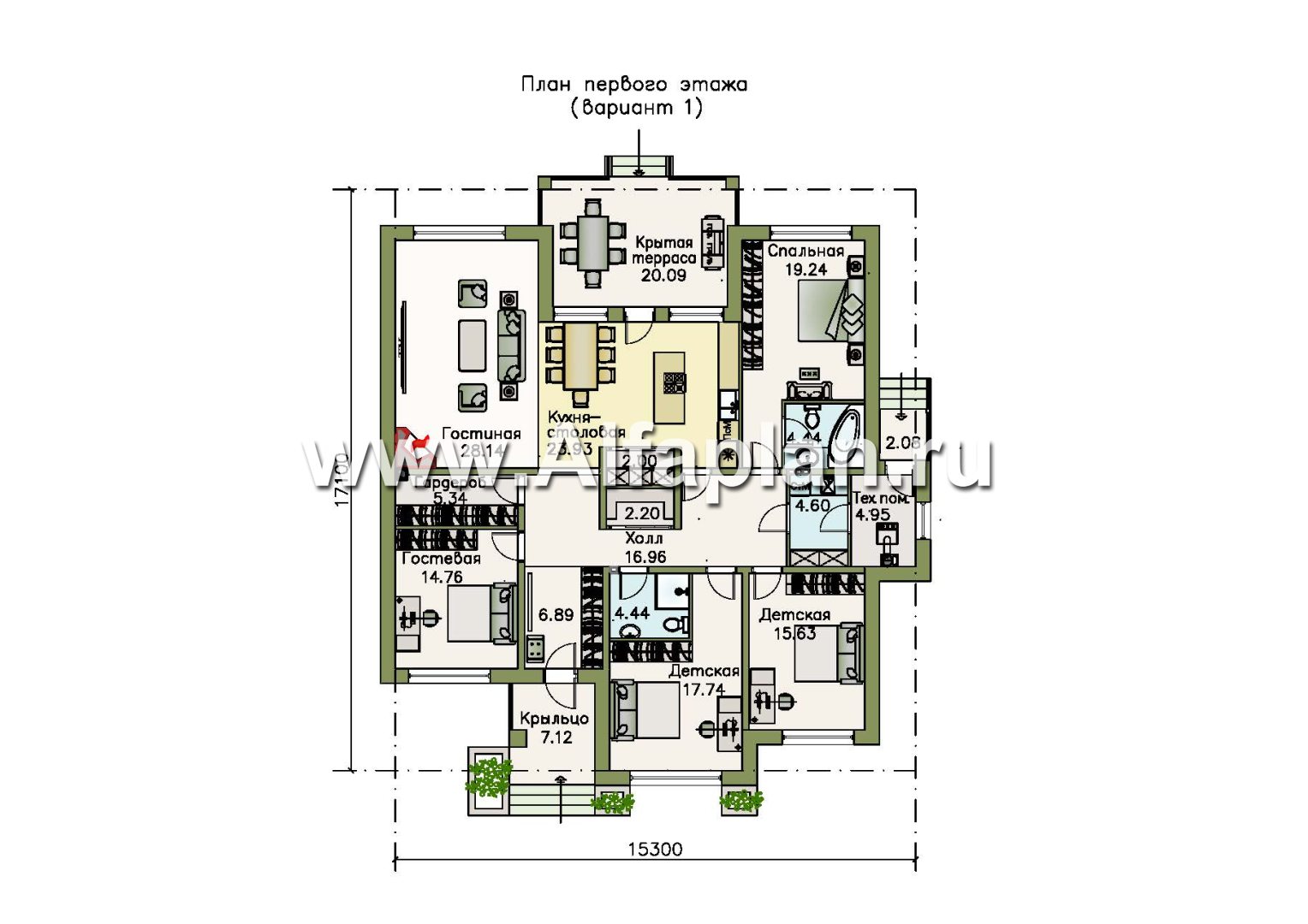 Проекты домов Альфаплан - «Калипсо» - комфортабельный одноэтажный дом c террасой - план проекта №1