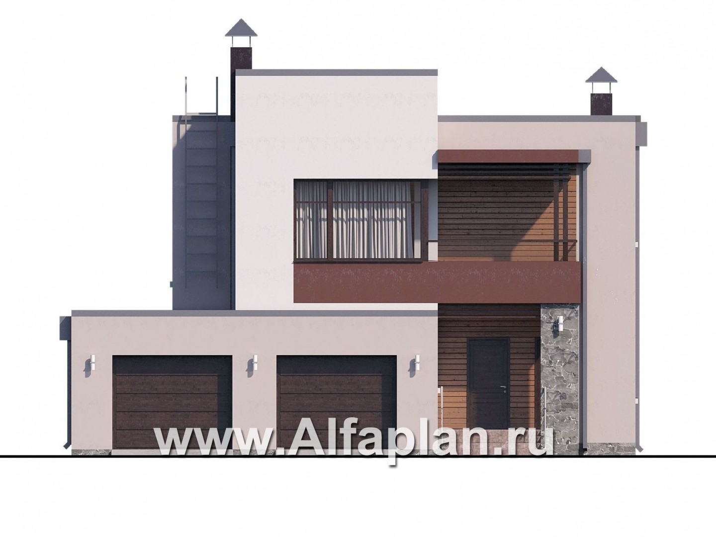 Проекты домов Альфаплан - «Эвр» - проект двухэтажного дома с террасой и с гаражом на 2 авто, лестница в гостиной, с плоской кровлей, в стиле хай-тек - изображение фасада №1