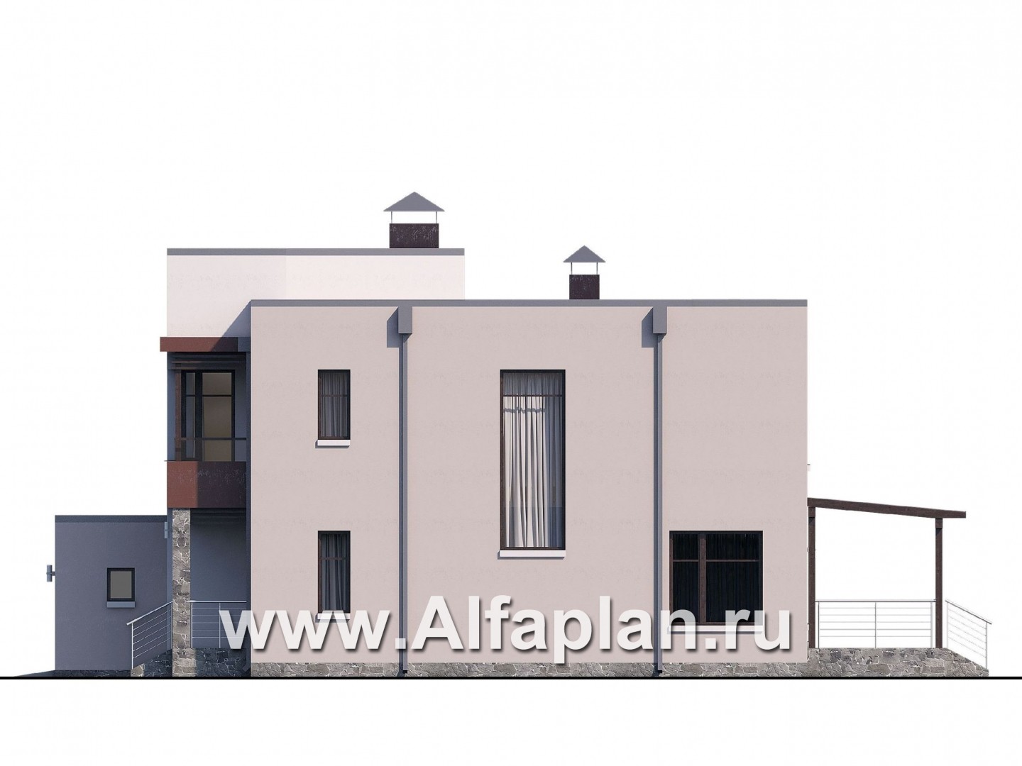 Проекты домов Альфаплан - «Эвр» - проект двухэтажного дома с террасой и с гаражом на 2 авто, лестница в гостиной, с плоской кровлей, в стиле хай-тек - изображение фасада №2