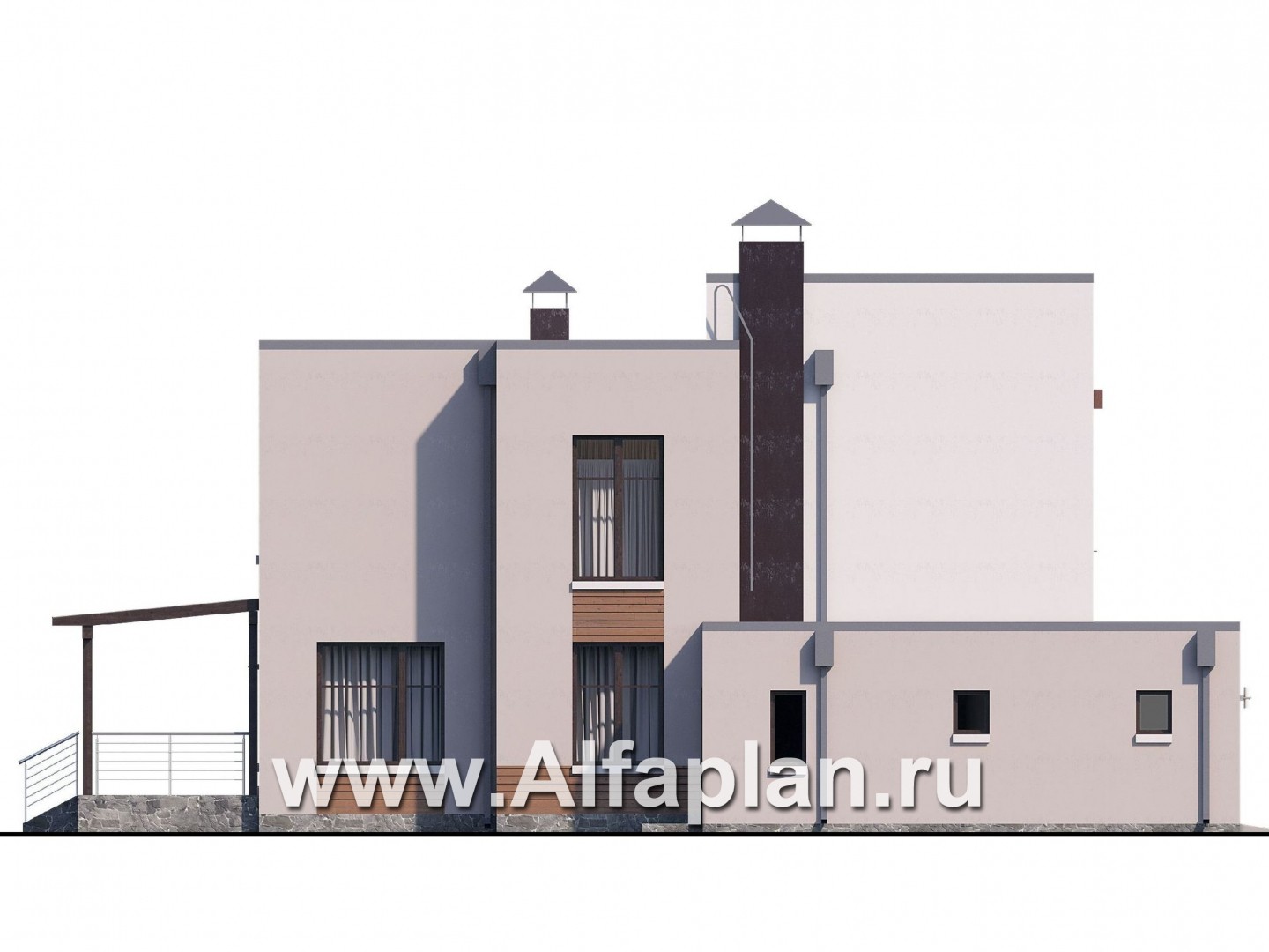 Проекты домов Альфаплан - «Эвр» - проект двухэтажного дома с террасой и с гаражом на 2 авто, лестница в гостиной, с плоской кровлей, в стиле хай-тек - изображение фасада №3
