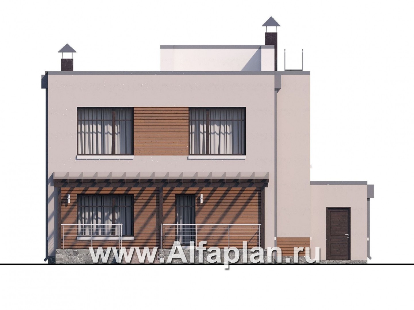 Проекты домов Альфаплан - «Эвр» - проект двухэтажного дома с террасой и с гаражом на 2 авто, лестница в гостиной, с плоской кровлей, в стиле хай-тек - изображение фасада №4