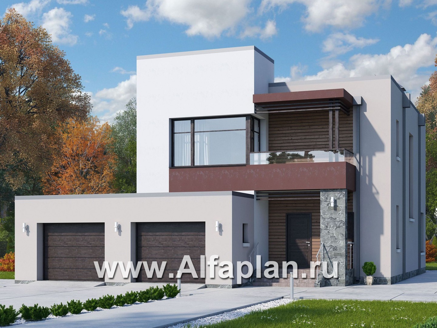 Проекты домов Альфаплан - «Эвр» - проект двухэтажного дома с террасой и с гаражом на 2 авто, лестница в гостиной, с плоской кровлей, в стиле хай-тек - основное изображение