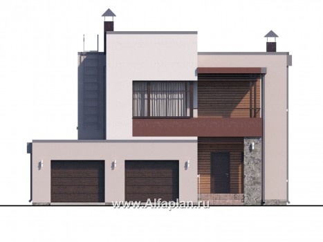 Проекты домов Альфаплан - «Эвр» - проект двухэтажного дома с террасой и с гаражом на 2 авто, лестница в гостиной, с плоской кровлей, в стиле хай-тек - превью фасада №1