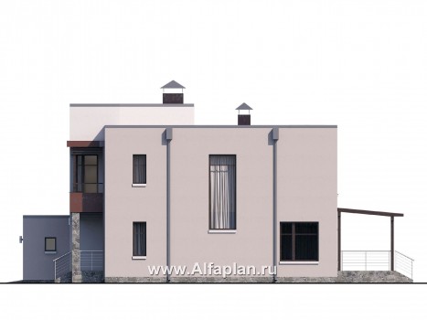 Проекты домов Альфаплан - «Эвр» - проект двухэтажного дома с террасой и с гаражом на 2 авто, лестница в гостиной, с плоской кровлей, в стиле хай-тек - превью фасада №2