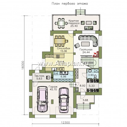 Проекты домов Альфаплан - «Эвр» - проект двухэтажного дома с террасой и с гаражом на 2 авто, лестница в гостиной, с плоской кровлей, в стиле хай-тек - превью плана проекта №1