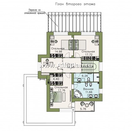 Проекты домов Альфаплан - «Эвр» - проект двухэтажного дома с террасой и с гаражом на 2 авто, лестница в гостиной, с плоской кровлей, в стиле хай-тек - превью плана проекта №2