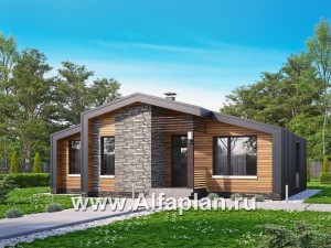 «Альфа» - проект одноэтажного каркасного дома, с сауной и с террасой, в стиле барнхаус
