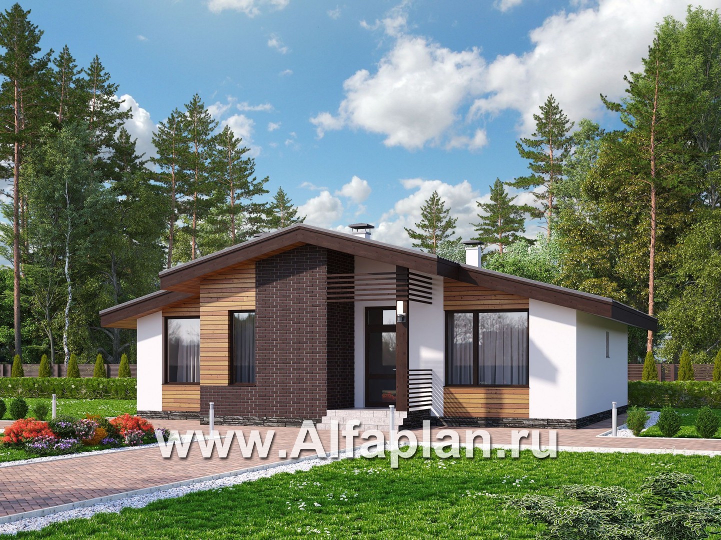 «Альфа» - проект одноэтажного дома, с сауной и с террасой в скандинавском стиле - основное изображение