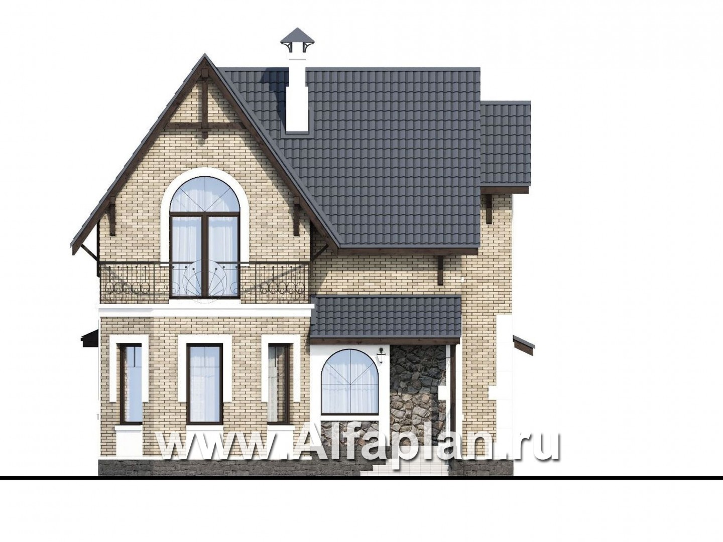 «Оптима» - проект красивого дома с мансардой, с эркером и с террасой - фасад дома