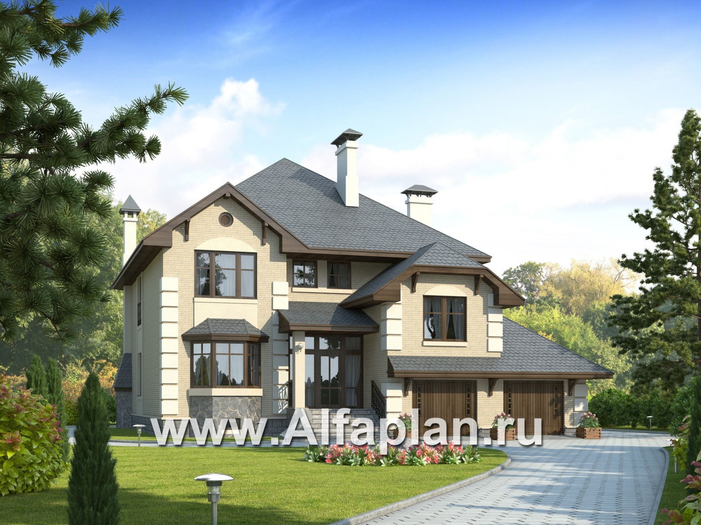 Проекты домов Альфаплан - «Эвридика»- красивый загородный дом с гаражом и цокольным этажом - основное изображение