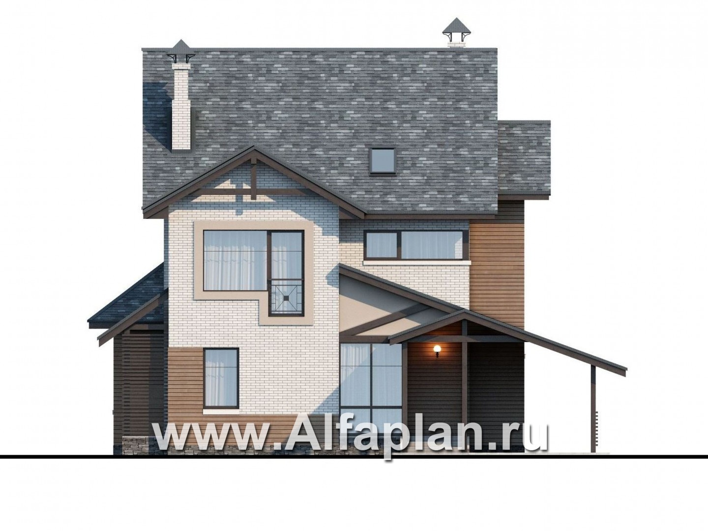 Проекты домов Альфаплан - «Прагматика» - современный коттедж с навесом для машины и бильярдной - изображение фасада №1