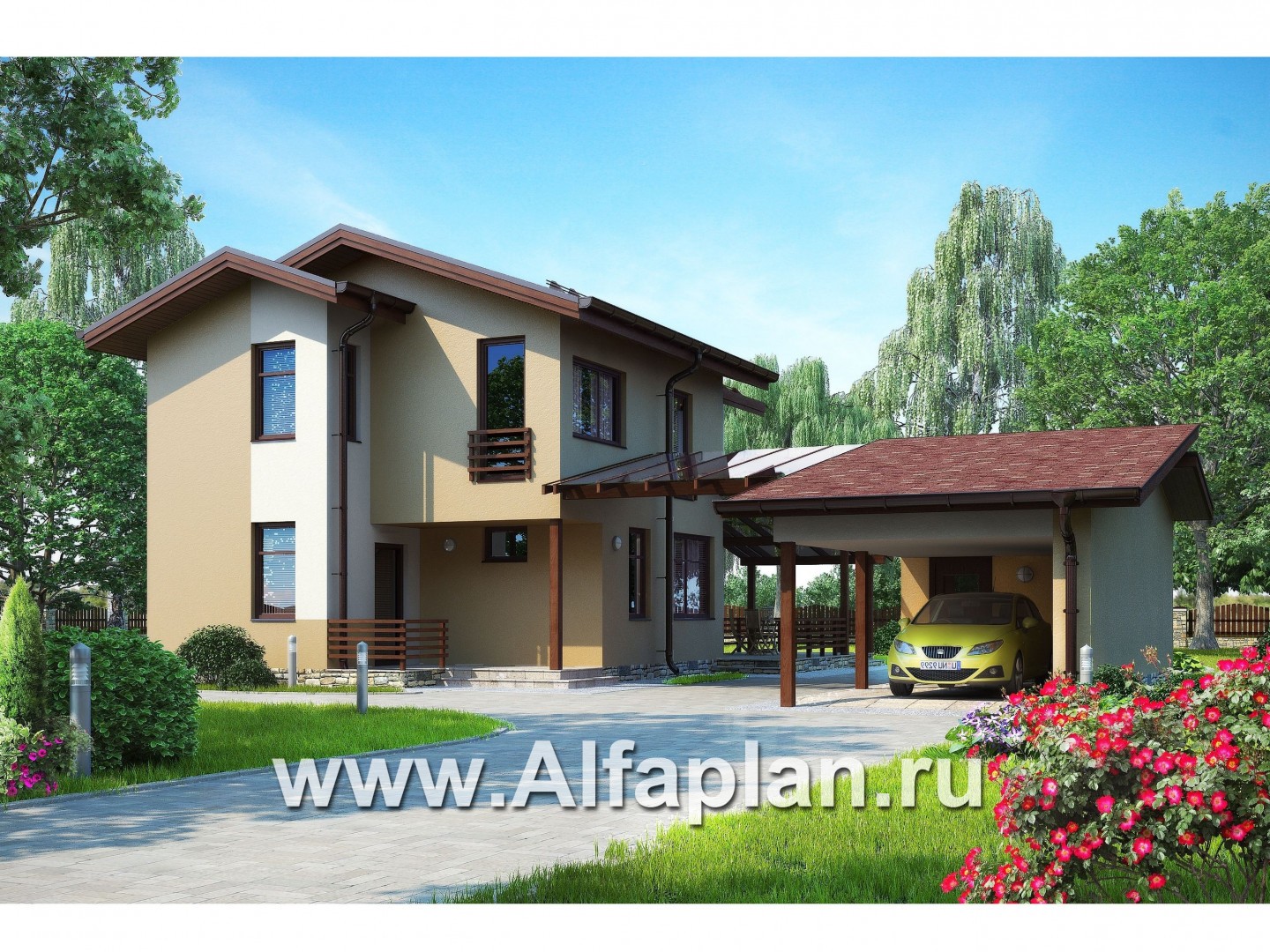 Проекты домов Альфаплан - Современный каркасный дом с навесом для машины - основное изображение