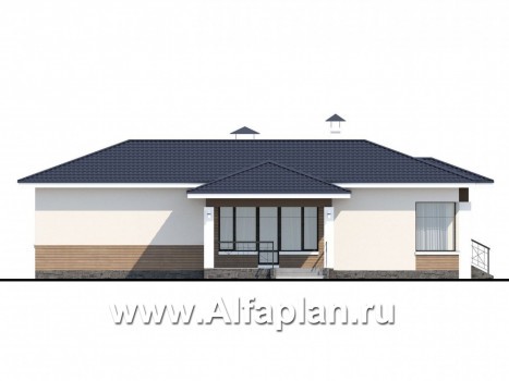 Проекты домов Альфаплан - «Пассия» - одноэтажный коттедж с гаражом и террасой - превью фасада №3