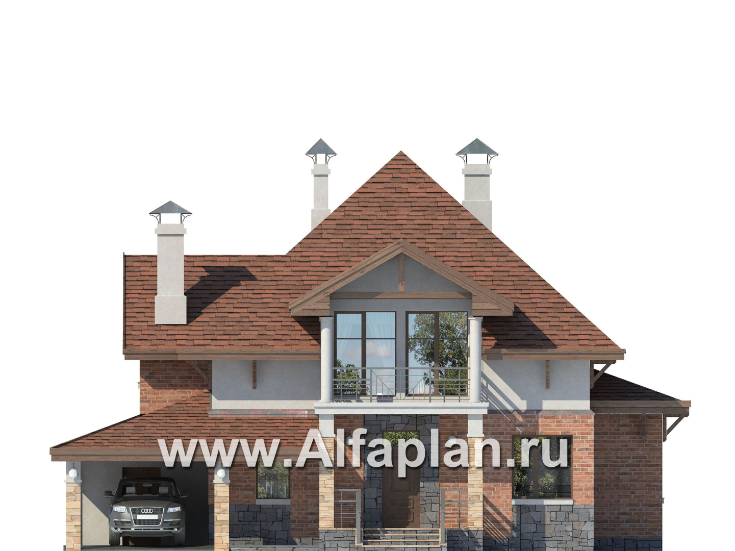 Проекты домов Альфаплан - «Брилланте» - яркий  коттедж из кирпичей с пирамидальной кровлей - изображение фасада №1