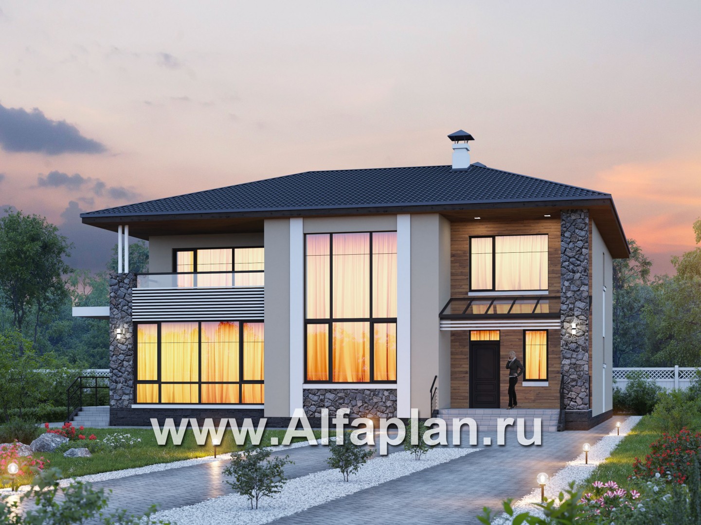 Проекты домов Альфаплан - «Семь звезд» - современный коттедж с панорамными окнами - основное изображение